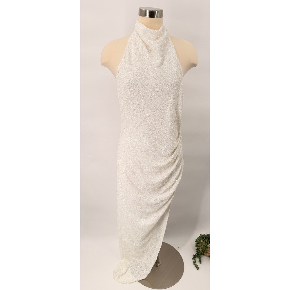 Amanda Uprichard Samba Gown Women M Ivory Sequin Cowl Halter Backless Maxi Dress